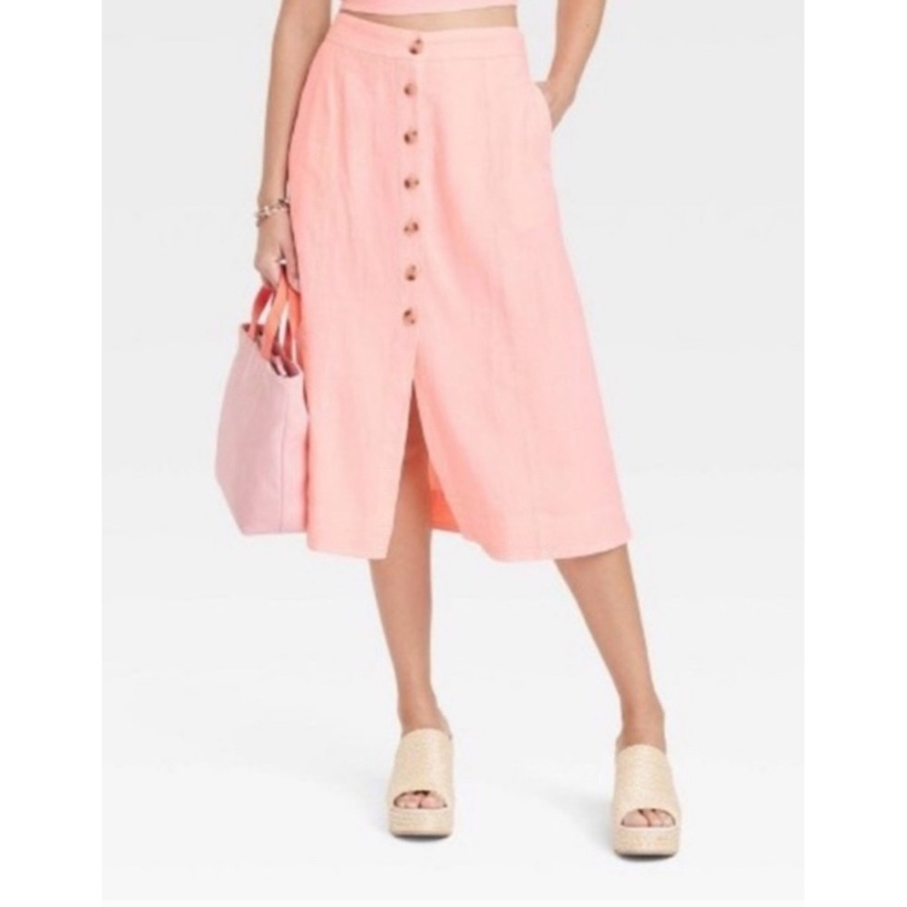 Universal Thread Womens Linen Blend Button Front Midi Skirt Coral Pink‎ Size L